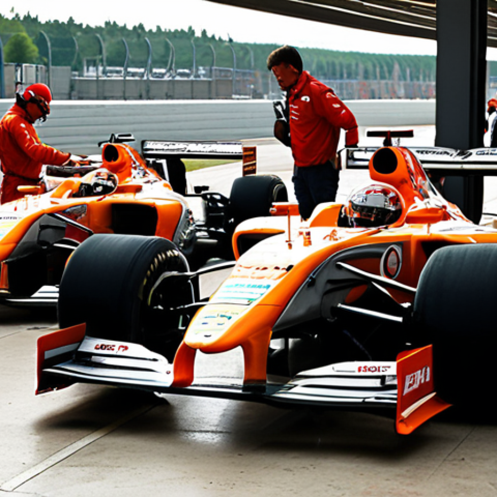 **

A busy pit stop scene during a motorsports race. Focus on mechanics working on a Formula 1 car, showcasing their expertise and the advanced tools they're using (telemetry displays, diagnostic computers). Emphasize the speed and intensity of the moment.

**
